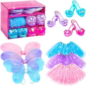 Mother Day Gift Princess Dresses with Fairy Wings, Dress Up Clothes Pretend Play Costumes Trunk with 3 Sets of Princess Dress Up Shoes, Glitter Girls Tutu Skirts and Butterfly Wings, Toys for 3-6 yr Girls