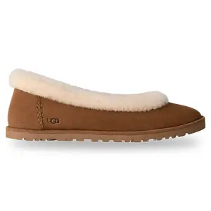 UGG Women's Zora Chestnut Brown Ballet Flat Slipper Shoe - Authentic Original, Soft Fluffy Lining, Durable Rubber Sole, Comfortable Warm, Bedroom Walking Shoes, Model 1178111-CHE