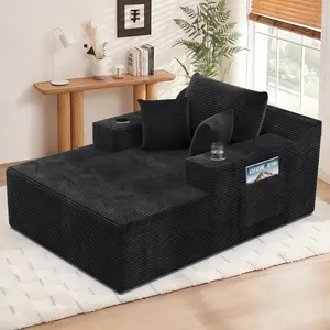 Wovenbyrd 67" Oversized Boneless Chaise Lounge, Plush Corduroy Upholstered Sofa Bed with Armrests, 3 Pillows, 2 Cup Holders & Side Storage Pocket, Cloud Deep Seat Lounge Chair for Living Room, Apartment, No Assembly Required