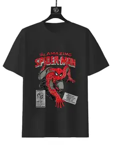 MARVEL The Amazing Spider-Man Retro Comic T-Shirt Black Graphic Tee for Fans of Classic Superhero Design Medium Size 100% Cotton