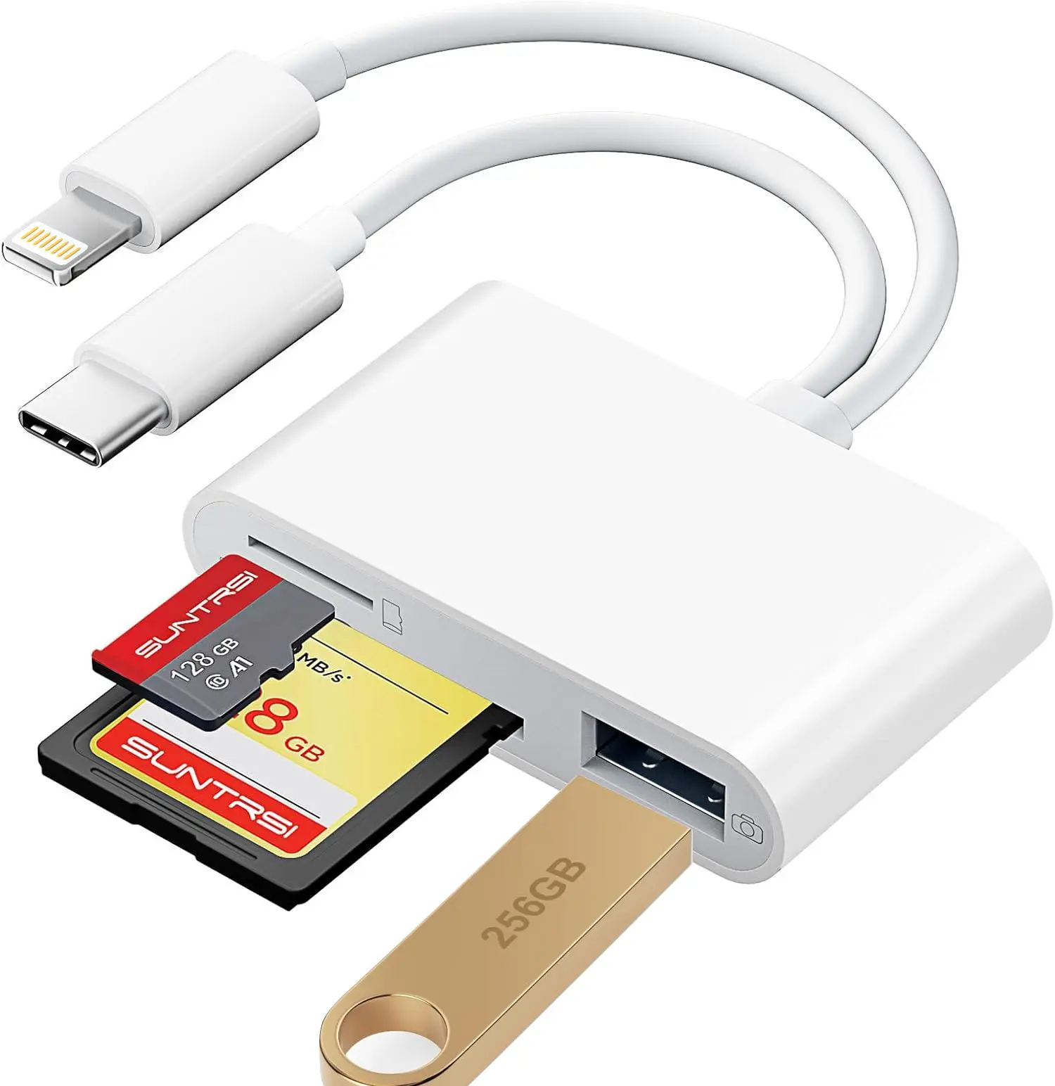 SD card reader is suitable for iPhone and iPad cameras. It has a USB C dual-card slot and USB 3.0 storage card reader. It supports SD/TF cards and can be used as a tracking camera viewer. SD card adapter is a portable Micro SD card reader.