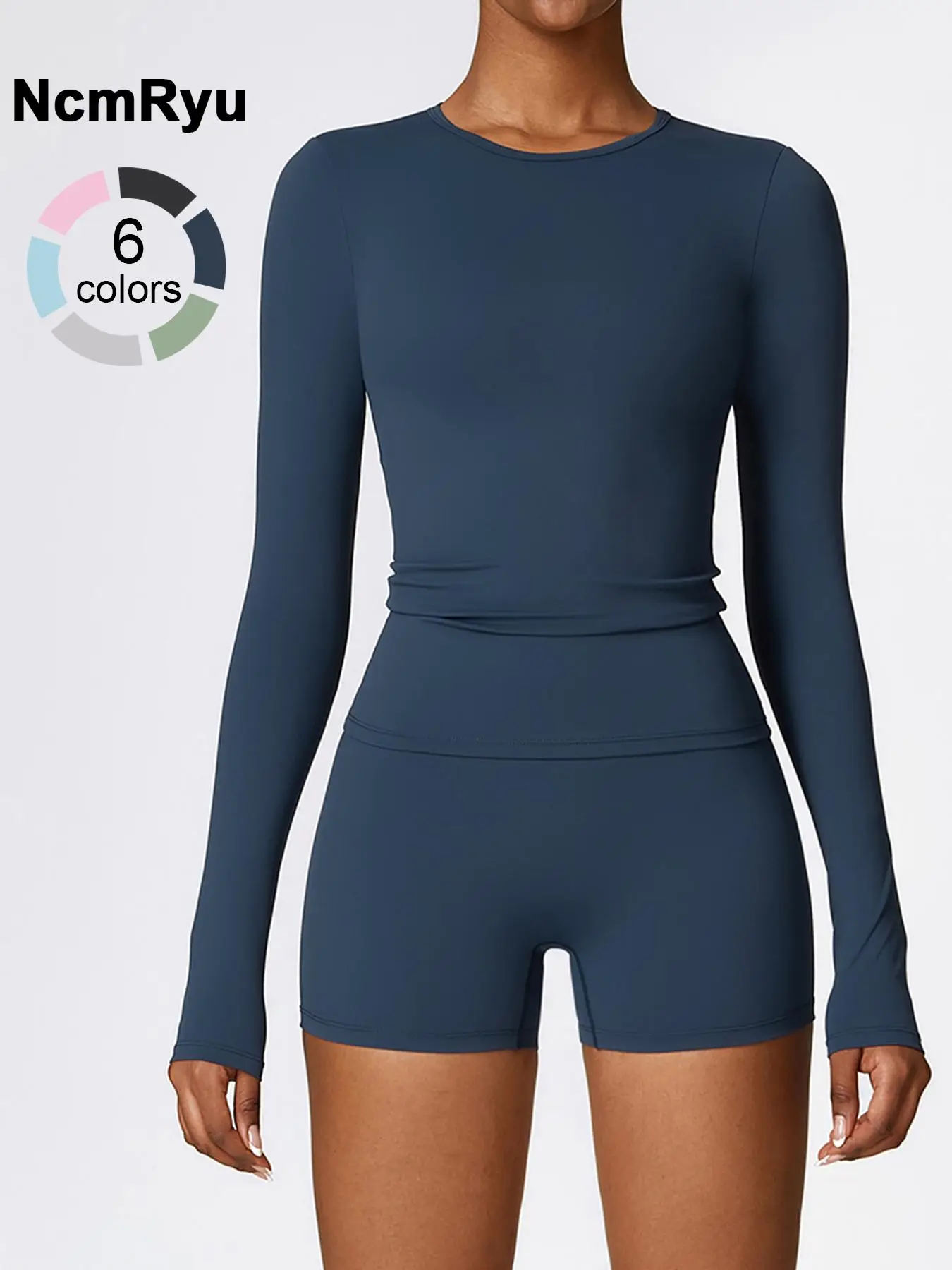 Two-piece Set Women's Patchwork High Elastic Soft Quick-drying Breathable Long Cuff Round Neck Long Sleeve High Waist Hip Shorts Yoga Clothes suit Fou