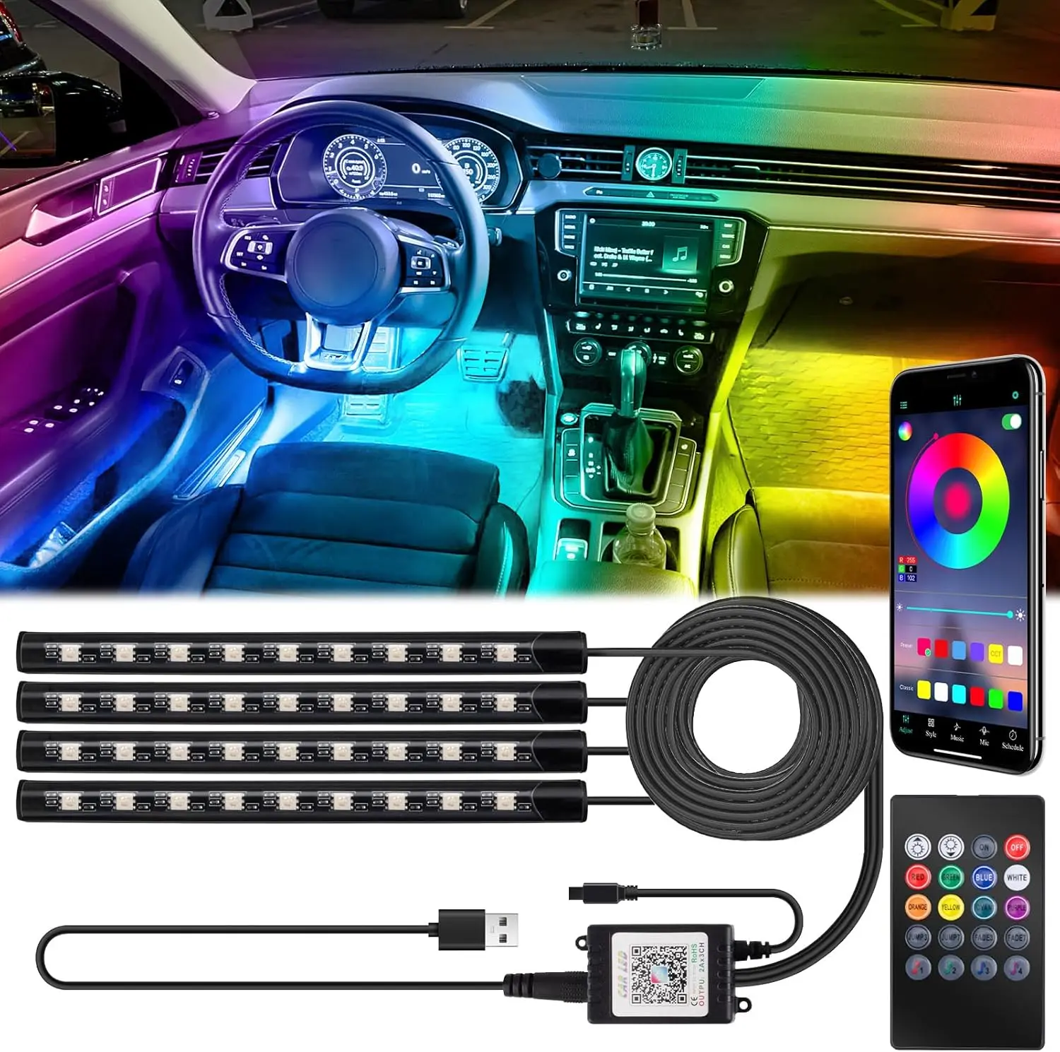 DIBMS LED Strip Lights with USB Adapter: Ambient Car Lighting Kit, App & Remote Control, Music Sync Mode, 4Pcs Strip Lights for SUVs & Trucks, 5V RGB LED Music Control Rock Lights Kit Led Dashboard