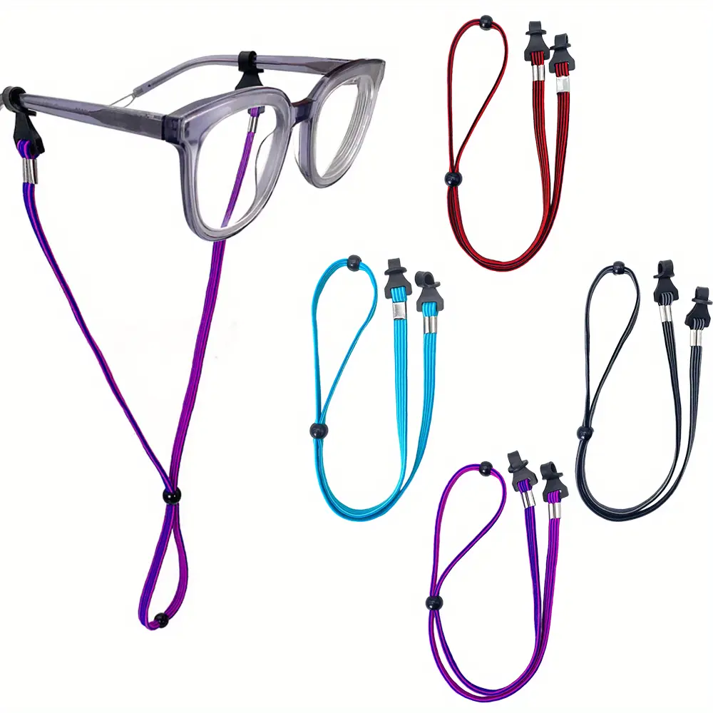 4 Pcs Adjustable Elastic Eyeglass Straps with Buckle - Unisex Sports Fashion Looped Lanyards, Anti-Slip Clip Ring Sunglasses Holder, Elastic Cord Length Extendable, Multiple Colors