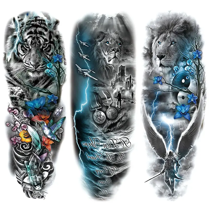 3 Sheets Temporary Tattoo Sleeves for Men & Women, Temporary Fake Tattoos, Ephemeral Tattoos, Full Arm Waterproof Tattoos, Lion Carp Tiger Designs, Realistic Flash Flower Style, Tattoo Paper, Tattoo Sticker, Tattoo Art
