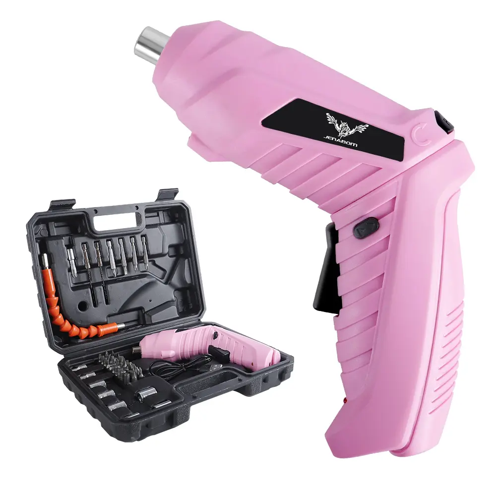 JENABOM Pink Cordless Screwdriver Toolset - 3.6V USB Rechargeable Built-in Lithium Battery Power Tool with USB Port, Cells, LED Lights, Portable Drill for DIY Life, Assembling Furniture, Home Repairs