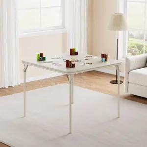 Folding Table, 33.6 Inch Folding Card Table, Portable Square Folding Table with PU Soft Cushion, Beige Metal Foldable Table Suitable for Living Room, Office, Bedroom(No Chair)