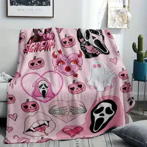 Spooky Scream Ghost Flannel Fleece Blanket Pink Horror Punk Ghost Pumpkin Heart Print Soft Cozy Lightweight Warm Decorative Throw Perfect for Halloween Parties Gifts Home Decor Couch Bed Sofa Camping Travel summerwins
