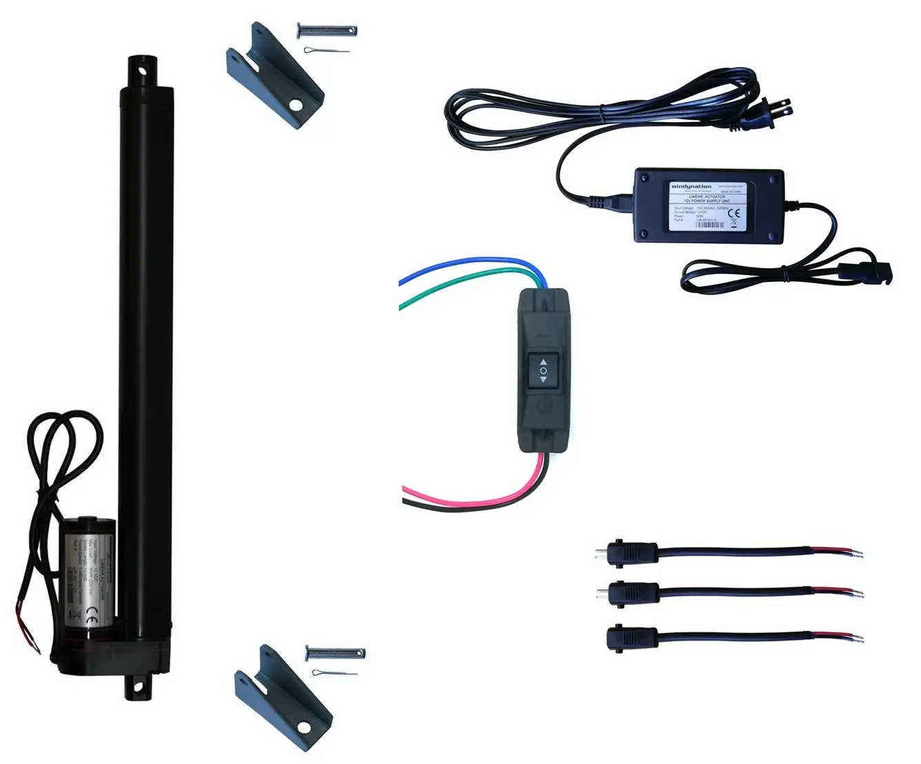 12V Windynation Linear Actuator Complete Kit - 225lbs Load Capacity, 120 VAC Power Supply, 2 piece Steel Brackets (Includes Mounts), Straight Motion, Maintained Momentary Up/Down Control DPDT Switch, Multiple Strokes