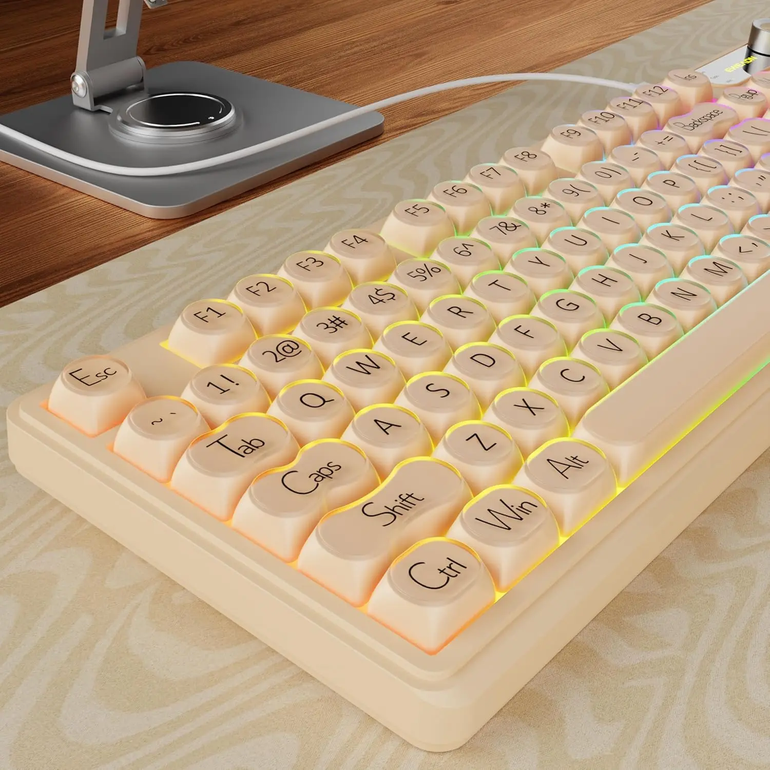 EWEADN V102 Wired Keyboard, 98 Keys Creamy Gaming Keyboard with Display Screen, Media Knob RGB Silent Wired Cute Computer Keyboard for Laptop PC Gamer - Cream Pink