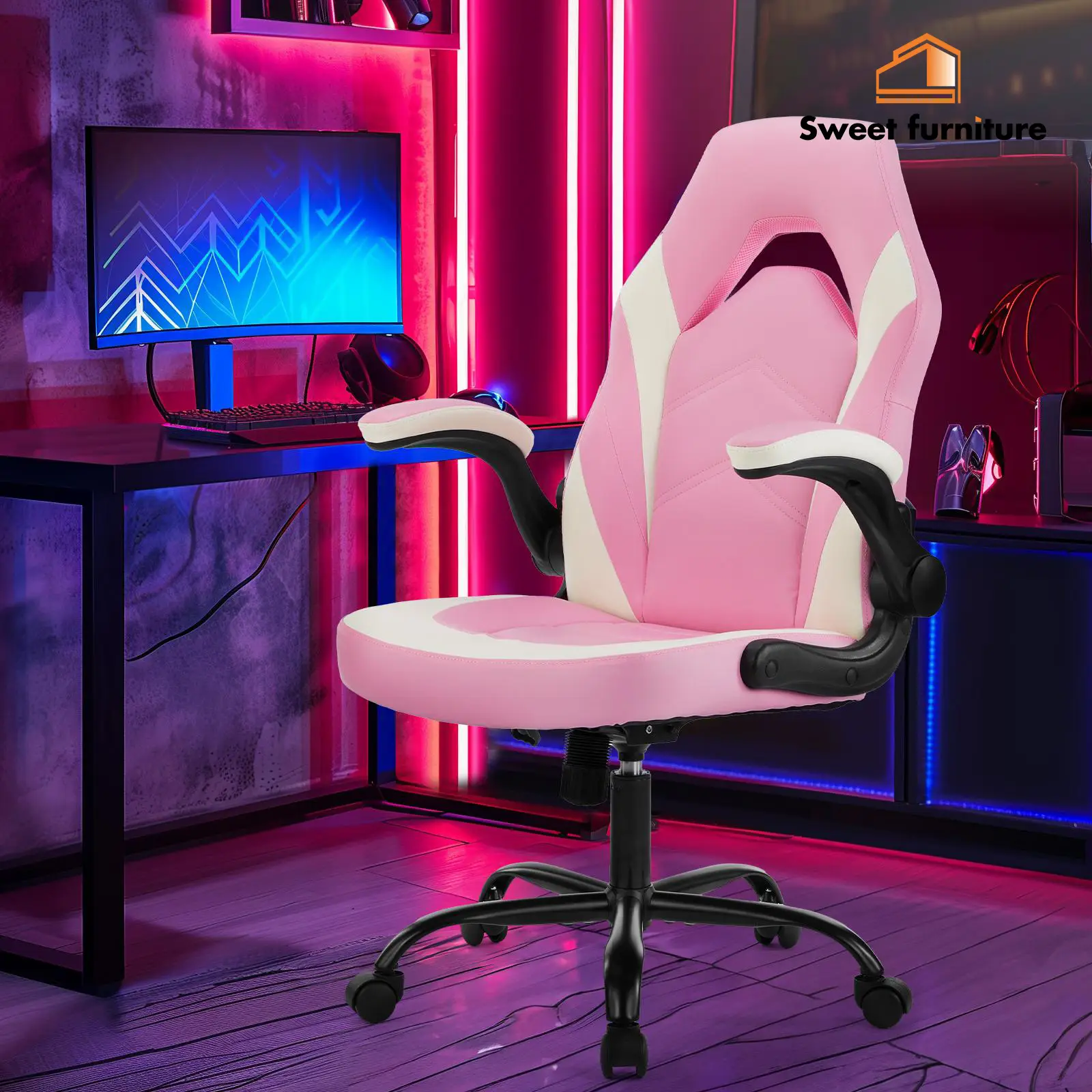 Sweet Furniture S - Furniture Gaming Chair - PU Leather Ergonomic Office Chair, Height Adjustable Rolling Desk Chairs with with Flip-up Armrests