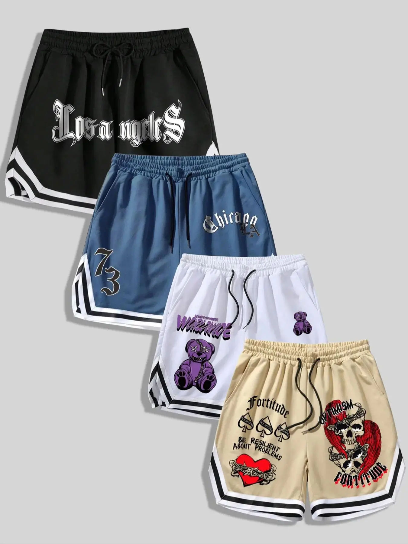 Men's Cartoon Bear & Letter Print Drawstring Waist Shorts, Regular-Fit Sporty Casual Contrast Trim Pocket Straight Leg Shorts for Summer, Men's Clothing for Daily Wear, Cartoon Graphic Shorts