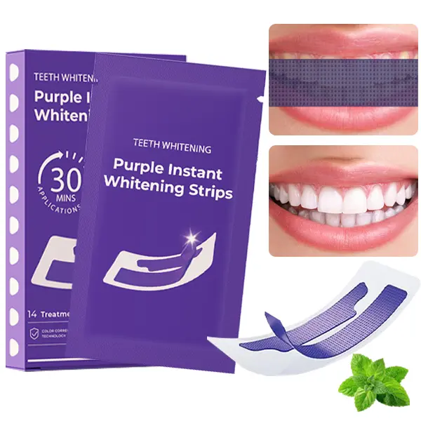 Purple Teeth Whitening Strips - 14/28 Whitening Sessions - Safe for Enamel - Non Sensitive Teeth Whitening - Peroxide-Free Whitening Strips, 14-day treatment (14 Packets - 2 Strips per pack) - Non-Slip, Dry Strip Technology