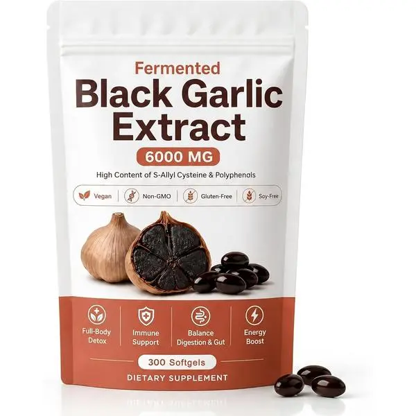 Fermented Black Garlic Extract, Natural Odorless Aged Garlic Supplements, Support Immunity, Boost Energy, Balance Digestion & Gut, Vegan, Non-GMO, 300 Softgels (1)