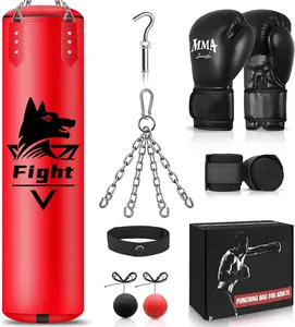 4FT Hanging Punching Bag for Adults, Super PU Leather Boxing Training Equipment Heavy Bag with 12OZ MMA Gloves, Unfilled Kicking Bag Boxing Set for Training Karate Kickboxing Muay Thai