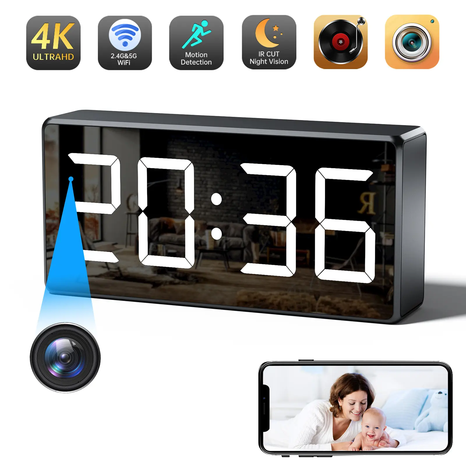 5MP Mini WiFi Surveillance Camera 2K HD Wireless Clock Night Vision Motion Detection Loop Recording 2.4GHz/5GHz Battery Powered Remote Real-Time Viewing for Home Office Warehouse Monitoring