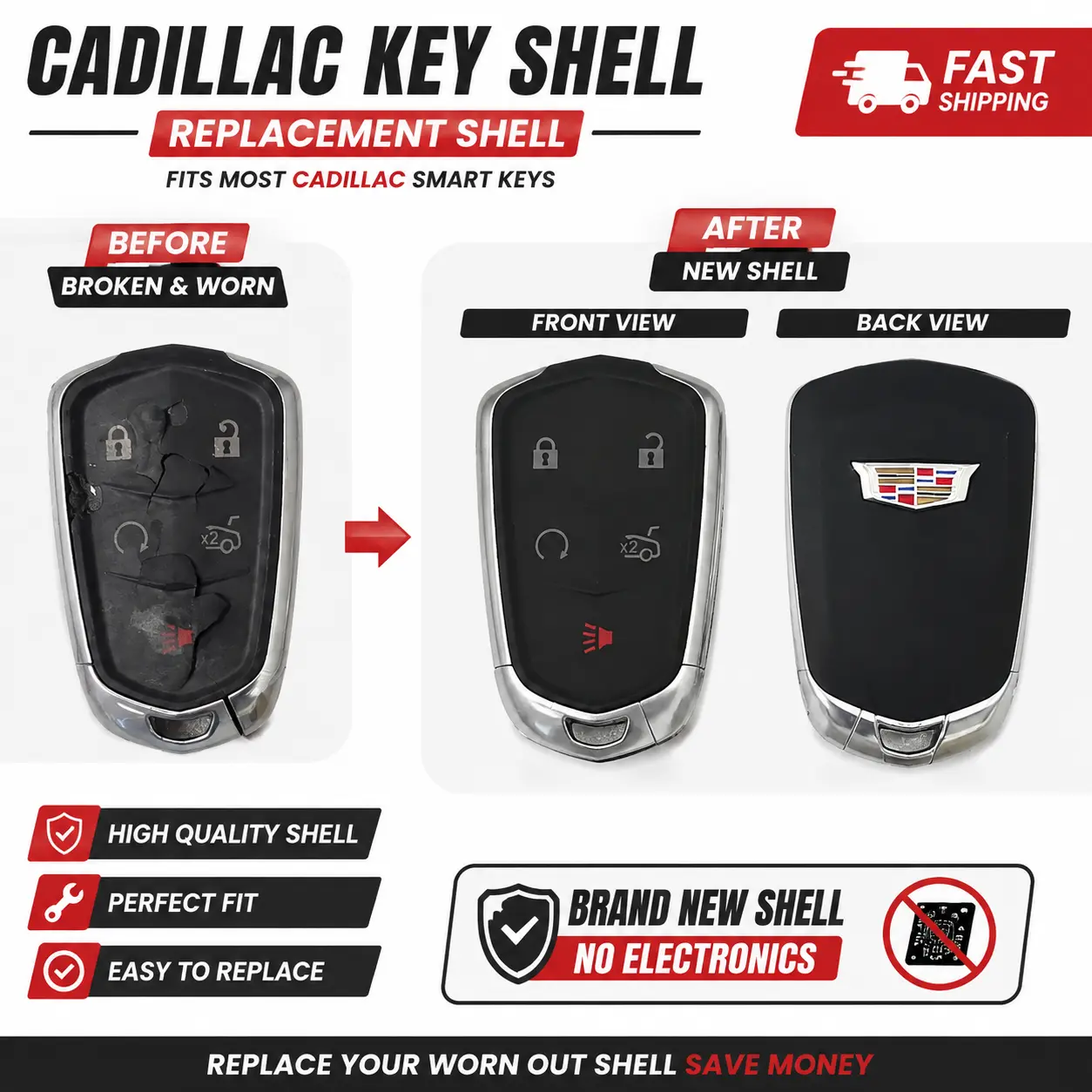 New Entry Remote Key Fob Shell for 2014-2024 Cadillac (HYQ2AB, HYQ2EB)