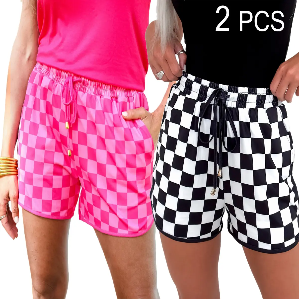Znacicc Women's 2-Piece Checkered Adjustable Drawstring Elastic Waist Casual Shorts with Pockets Fit Matching