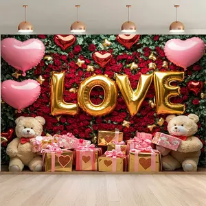 2D Flat, 1pc Valentine'S Day Love Theme Backdrop Banner - Romantic Red Roses & Golden Balloons with "LOVE" Lettering, Durable Polyester Fabric Party Decor for Weddings, Birthday Parties, Indoor/outdoor Celebrati