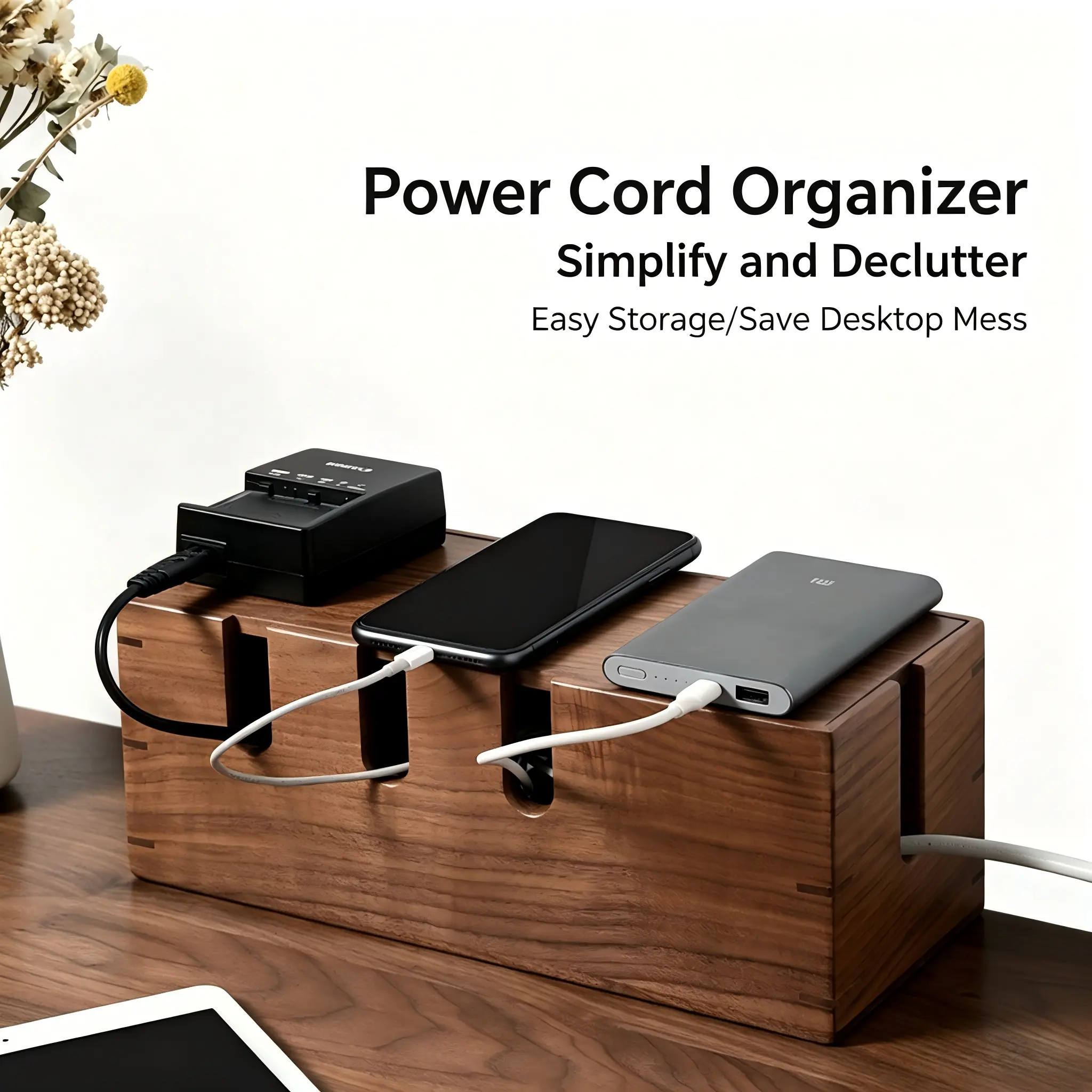 Wooden Cable Management Box, Cable Organizer Box for Power Strip & Cords, Desk Cord Hider, Wire Storage Box for Home Office, TV Stand, Computer Desk Organization, Clean Cable Management Solution