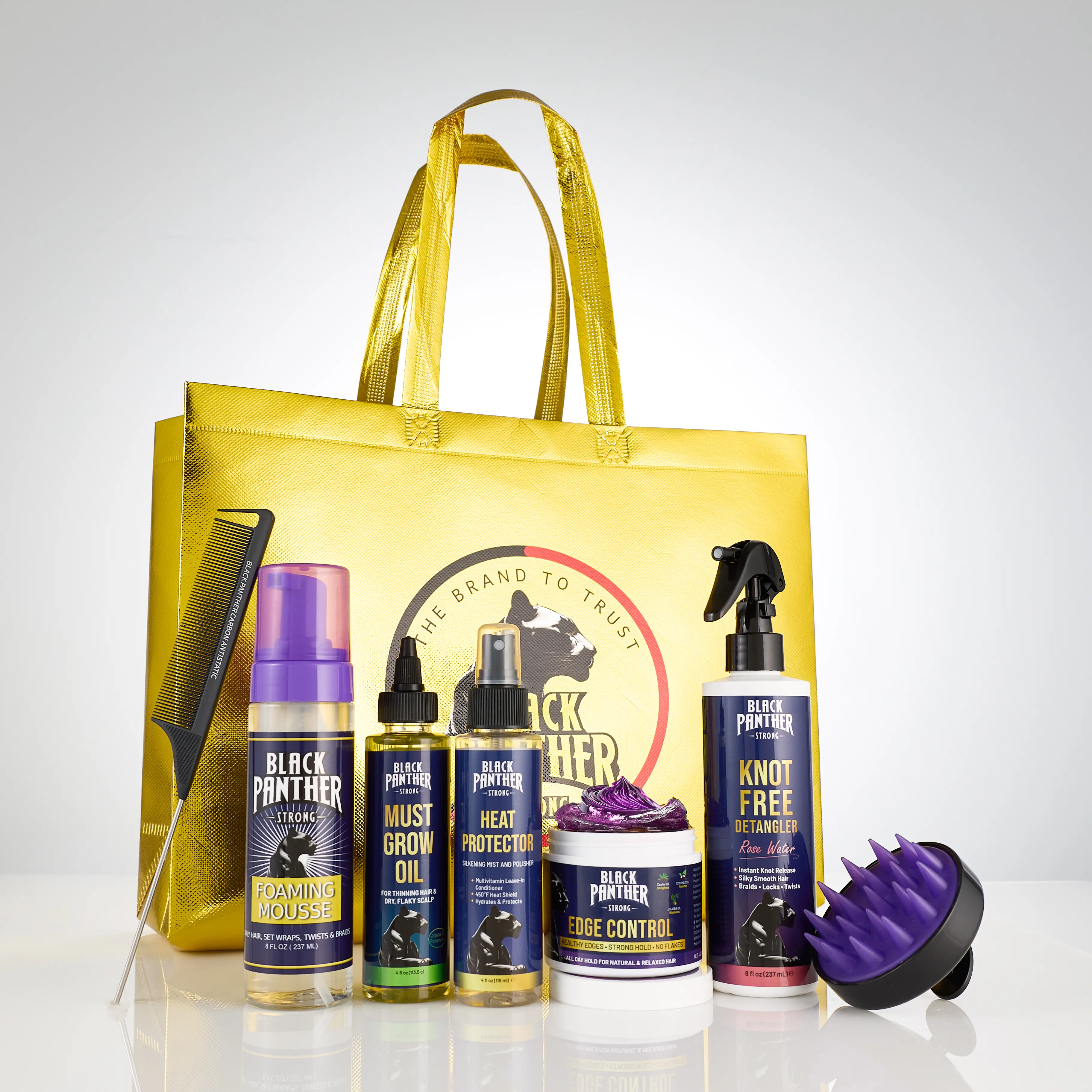 Black Panther Hair Care Kit - Includes Mousse, Must Grow Oil, Heat Protector, Edge Control & Knot Free Detangler Plus a beautiful Gold Tote Bag