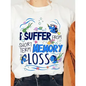 Women S White Short Sleeve T Shirt Featuring Fun Dory Fish Decorative Text Anime Theme Pattern Print Pure Round Neck Regular Fit Soft Breathable Comfortable AllSeason Casual and Commuting Wear
