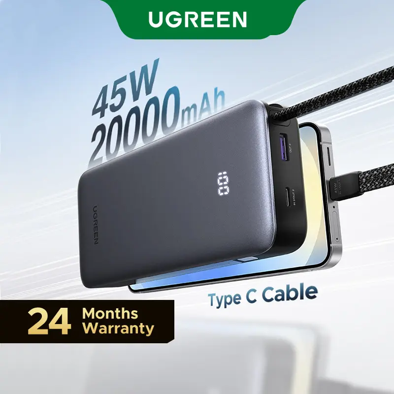 UGREEN Nexode Power Bank 20000mAh 45W with Built-in Cable, Fast Charging Portable Charger for iPhone 17 Pro/Samsung S25 Ultra/iPad Pro, 3-Port External Battery Pack with Digital Display, Travel Ready,Summer Sale tiktokshopbacktoschool
