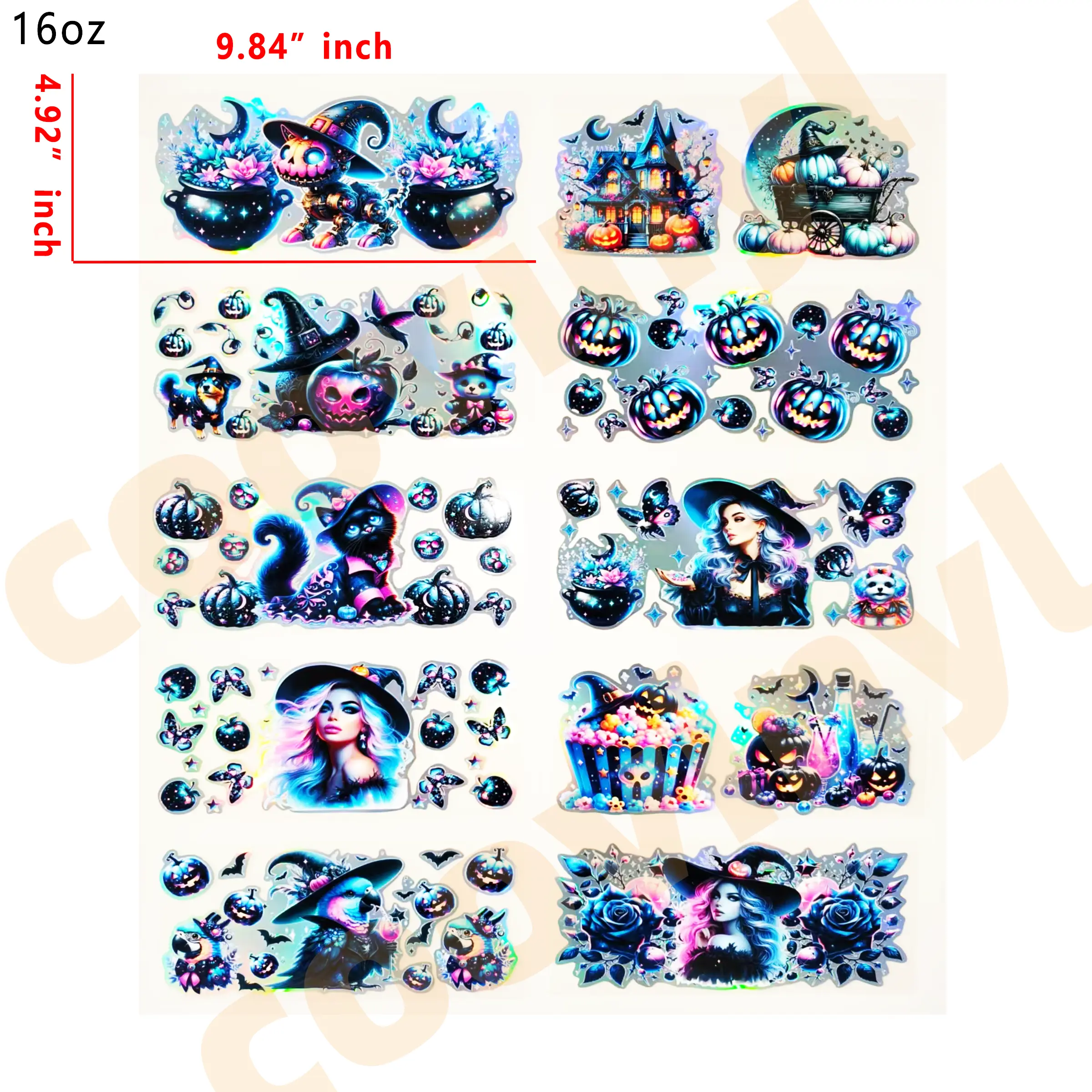 (F19) Holographic 10pcs bright Halloween UV DTF Cup Wraps for 16OZ tumblers Waterproof Acrylic Wraps for Cups Glasses &Smooth Objects Vivid Colors Strong Adhesion CustomizableStickers Decal Sticker Art Crafts Kit