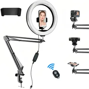 Metal Overhead Selfie Ring Light with Camera & Phone Mount, 3 Color Modes, 10 Brightness Levels, Mobile Phone-Compatible Accessory for Video Recording, Live Streaming, Accessories