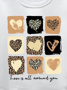 Girls' Fall & Winter Long Sleeve Round Neck Sweatshirt, Valentine's Day Leopard Heart Print Fleece Lined Casual Kids Clothing