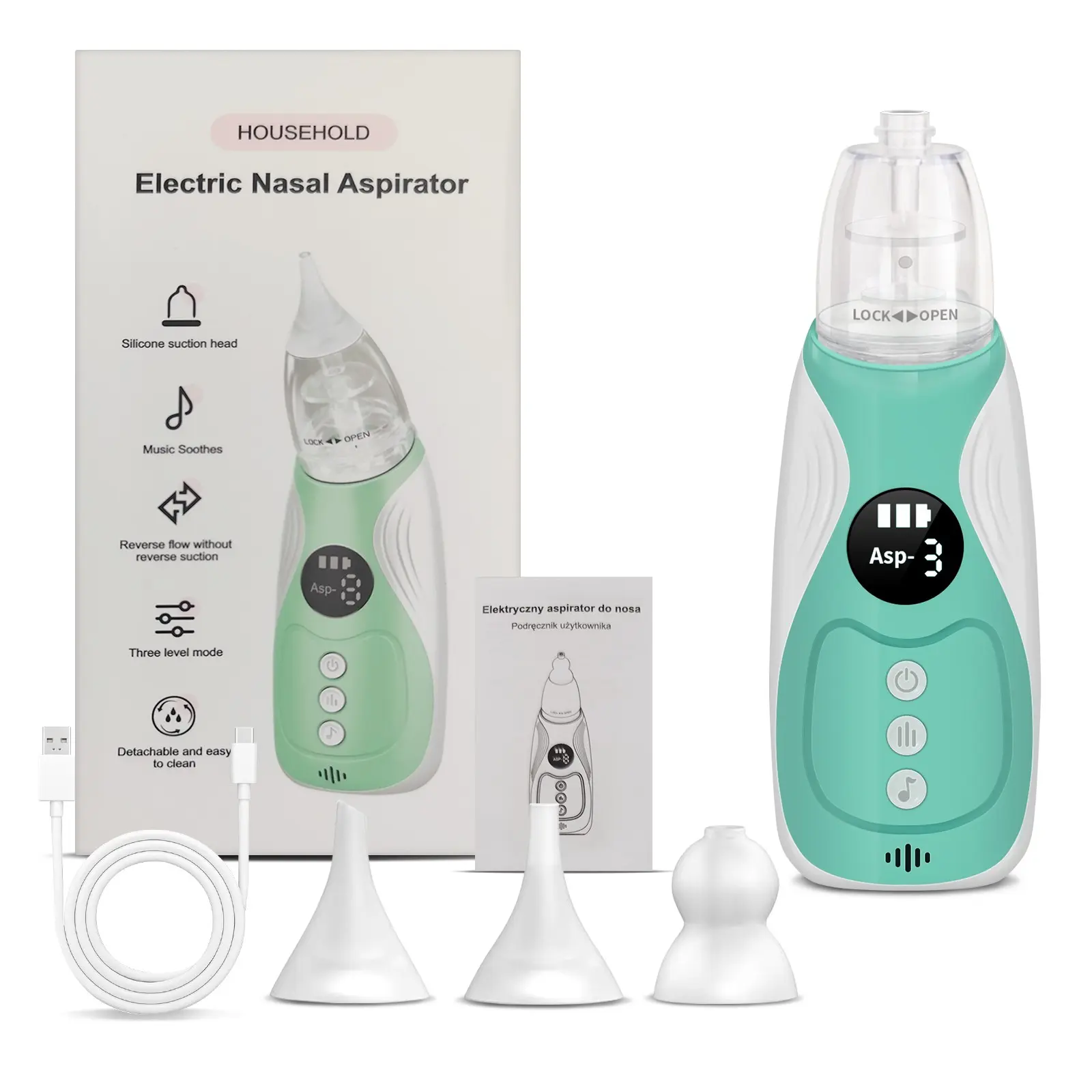 Portable Nose Aspirator, Sinus Relief Device with Music Function, 3-Speed Nasal Suction, Nasal Cleaning, Rechargeable, Detachable Silicone Tip