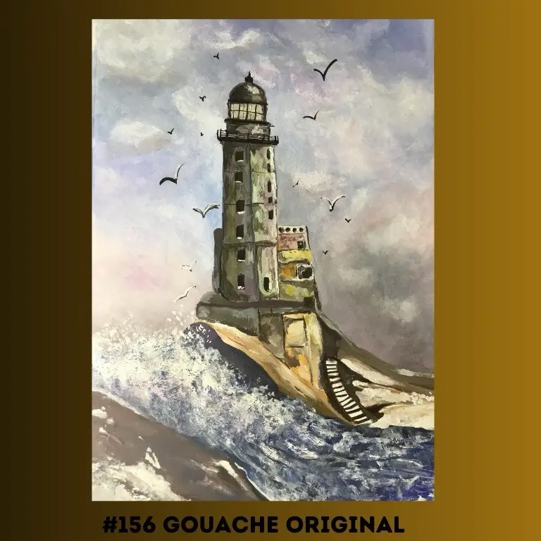 Designs by Dorothy #156 Gouache Original Artwork Featuring Lighthouse and Seagulls Ocean Scene Painting