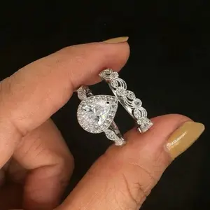 2-Piece S925 Sterling Silver Teardrop Zircon Ring Set, Luxurious Full-Zircon Design, Jewelry for Wedding & Proposal,Perfect Gift for Mother's Day