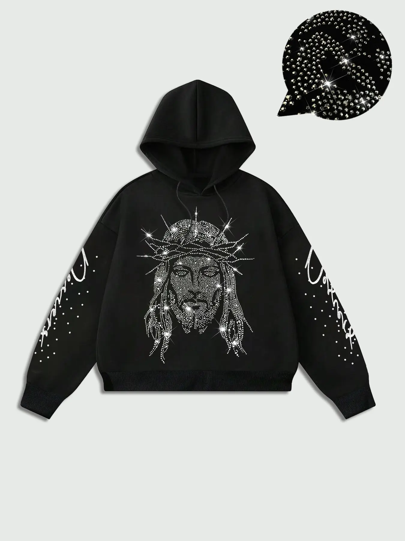Men's Casual Drawstring Long Sleeve Hoodie with Rhinestone Jesus Graphic Print, Comfortable and Durable, Regular Fit, Stylish Relaxed Style, Fashion Hoodies, Sweatshirt