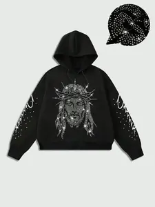 Men's Autumn Casual Drawstring Graphic Print Hoodie, Rhinestone Jesus Print Fashion Trend, Comfortable Versatile Soft Fabric, Relaxed Fit for Stylish Men, Fitted