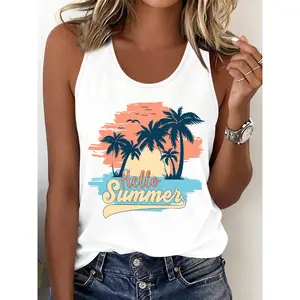 Women's Non- Sleeveless Tank Top with Coconut Tree Print - Opaque Round Neck Blouse Style Suitable for Vacation, Beachwear & Casual Attire, Medium Stretch Machine Washable Spring Summer (Casual Comfortable Opaque Vest)