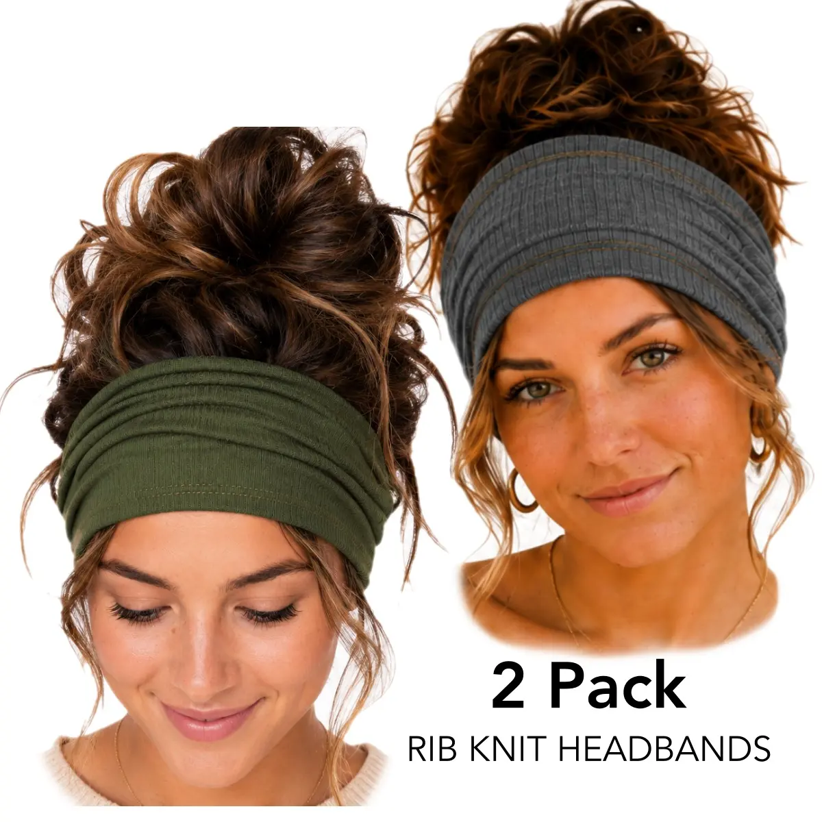 2 Pack Ribbed Knit Headbands for Women, Handmade in the USA, Premium Fabric Wide Stretch Hair Bands, Handmade USA, Gray & Olive Green