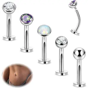 5 316L Stainless Steel Floating Belly Button Rings for Women 14G Petite Flat Back CZ Belly Rings Hypoallergenic Small Opal Internally Threaded Navel Piercing Jewelry 6-16MM