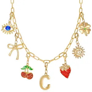 NEKOL Initial Charm Necklace for Women, Evil Eye Four-Leaf Clover Sun Bow Cherry Strawberry Removable Charms Necklace Paper Clip Chain Choker, Trendy Jewelry Birthday Christmas Gifts for Her