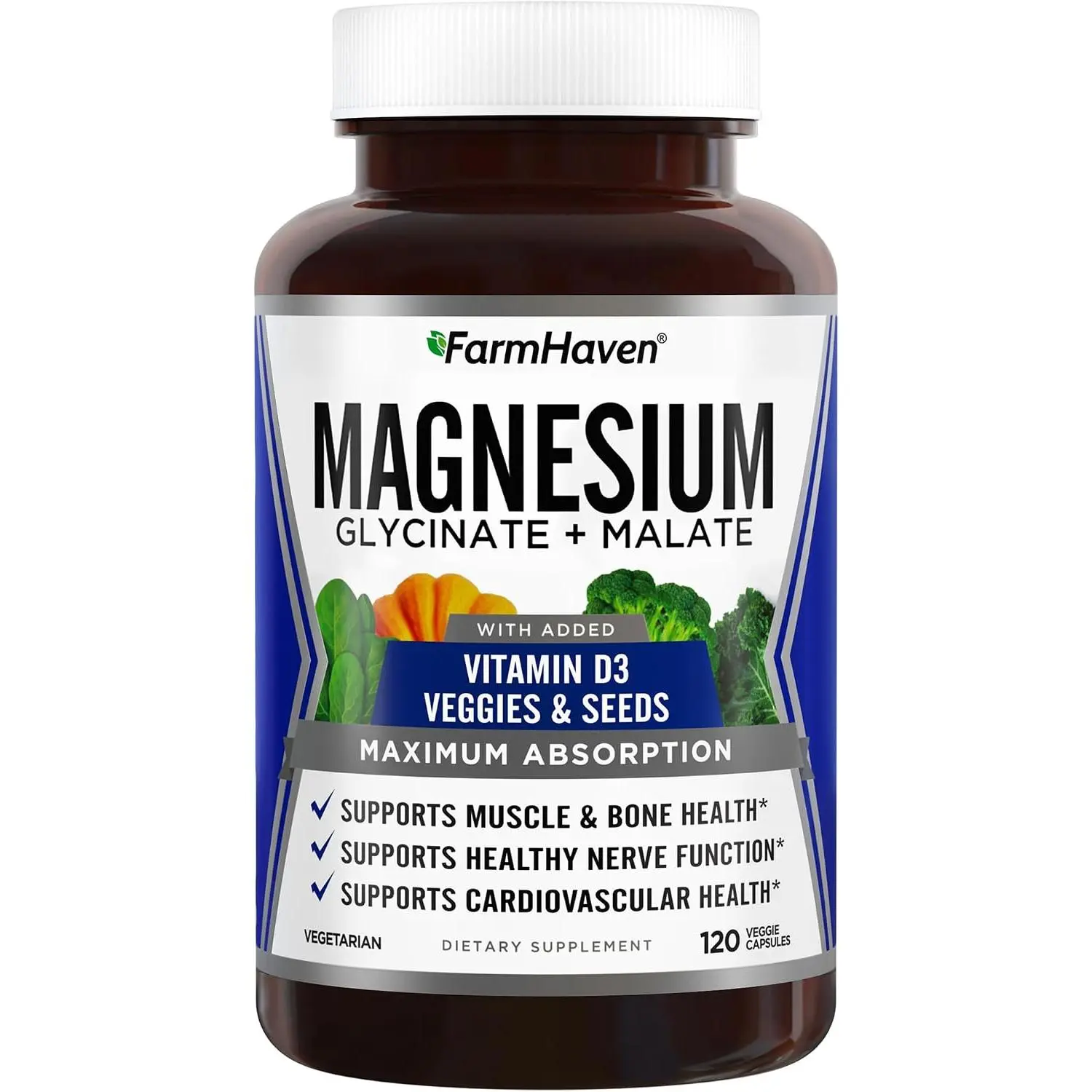 Chelated Magnesium Complex Capsules with Glycinate Malate and Vitamin D3 120 Capsules High Absorption Magnesium Supplement for Bone Health Support Muscle Nerve Function Energy Stress Relief Calm Vegetarian (60 Day Supply)