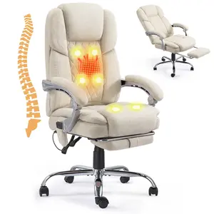 Reclining Massage & Heating Office Chair (Beige) - Ergonomic High Back Desk Chair, Adjustable Swivel & Footrest, Suitable for Home & Professional Office Spaces