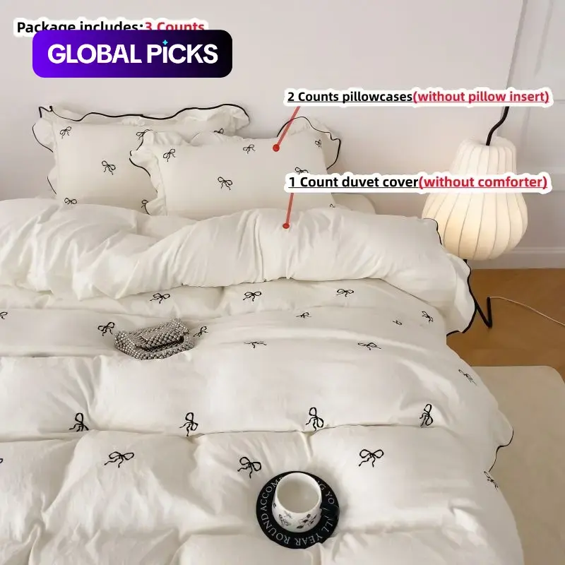 Bow Print Ruffled Bedding Set, 3 Counts/set Including 1 Duvet Cover & 2 Pillowcases without Filler, Comfy Bedding Sets, Soft, Comfortable Bedding for Home Bedroom or Hotel #GLOBAL PICKS