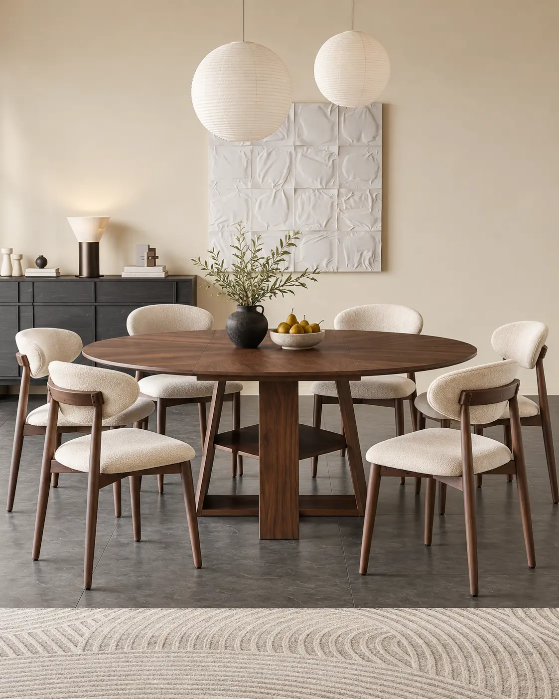 43.3”-59” Extendable Dining Table for 4-6, Round to Oval Space-Saving Kitchen Table with Storage Shelf, Modern Walnut Table for Dining Room & Apartment