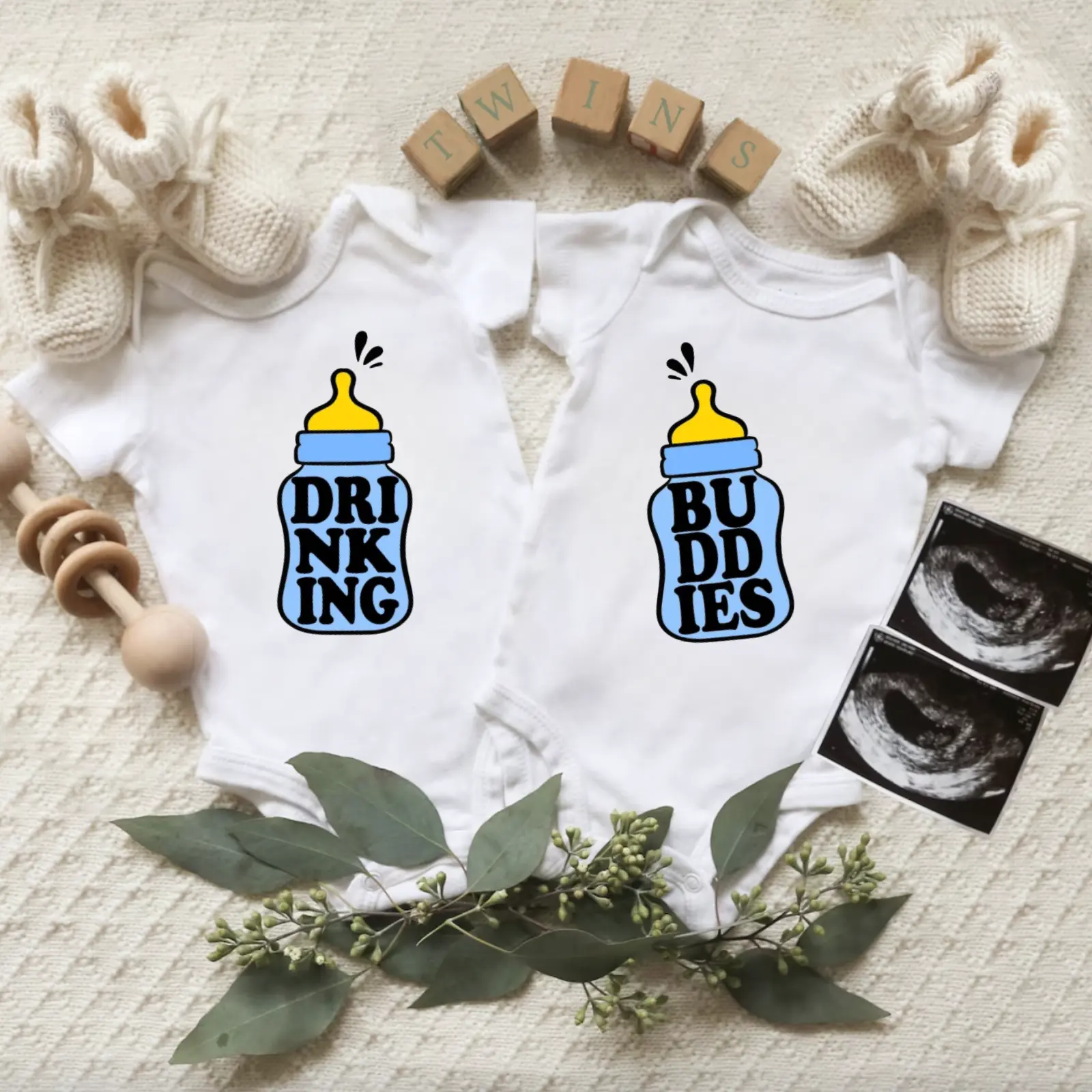 Twin Baby Onesie Set - Funny Twin Onesies - Drinking Buddies - Gender Neutral Twin Baby Gift - Cute Best Friend Twin Bodysuit