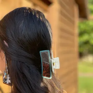 Women's Hair Clip Cowhide and Tooled Leather Turquoise Accents