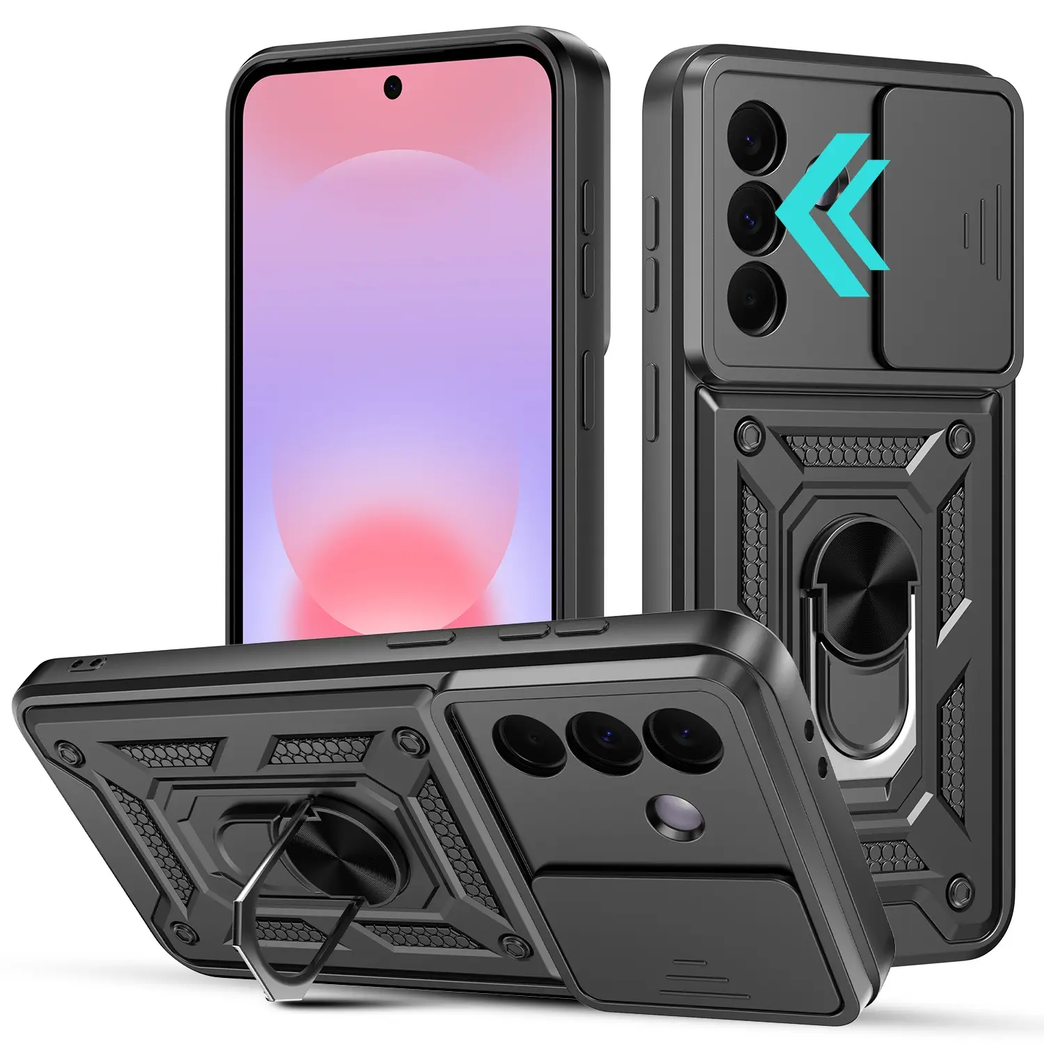 Heavy-Duty Durable Protection Case for Samsung Galaxy A37 5G - Metal Adjustable Magnetic Ring Holder Kickstand, Slide Camera Cover, Anti-Scratch PC+TPU Polycarbonate Cellphone Armor Protector, Hard