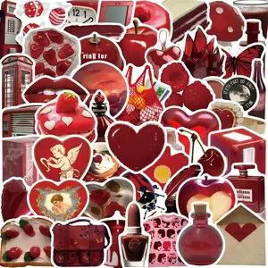 Red Series Sticker, 50pcs/set Waterproof Self Adhesive Decor Paper, Decor Sticker for Gift Greeting Card Water Bottle Laptop Phone, Ornaments, Cellphone