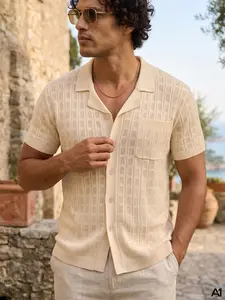 A1 Men's Vintage Crochet Knit Shirt Short Sleeve Button Down Cuban Collar Breathable Hollow Out Pointelle Summer Beach Vacation Resort Wear Casual Lightweight Knitwear Sweater Polo Top Knitted