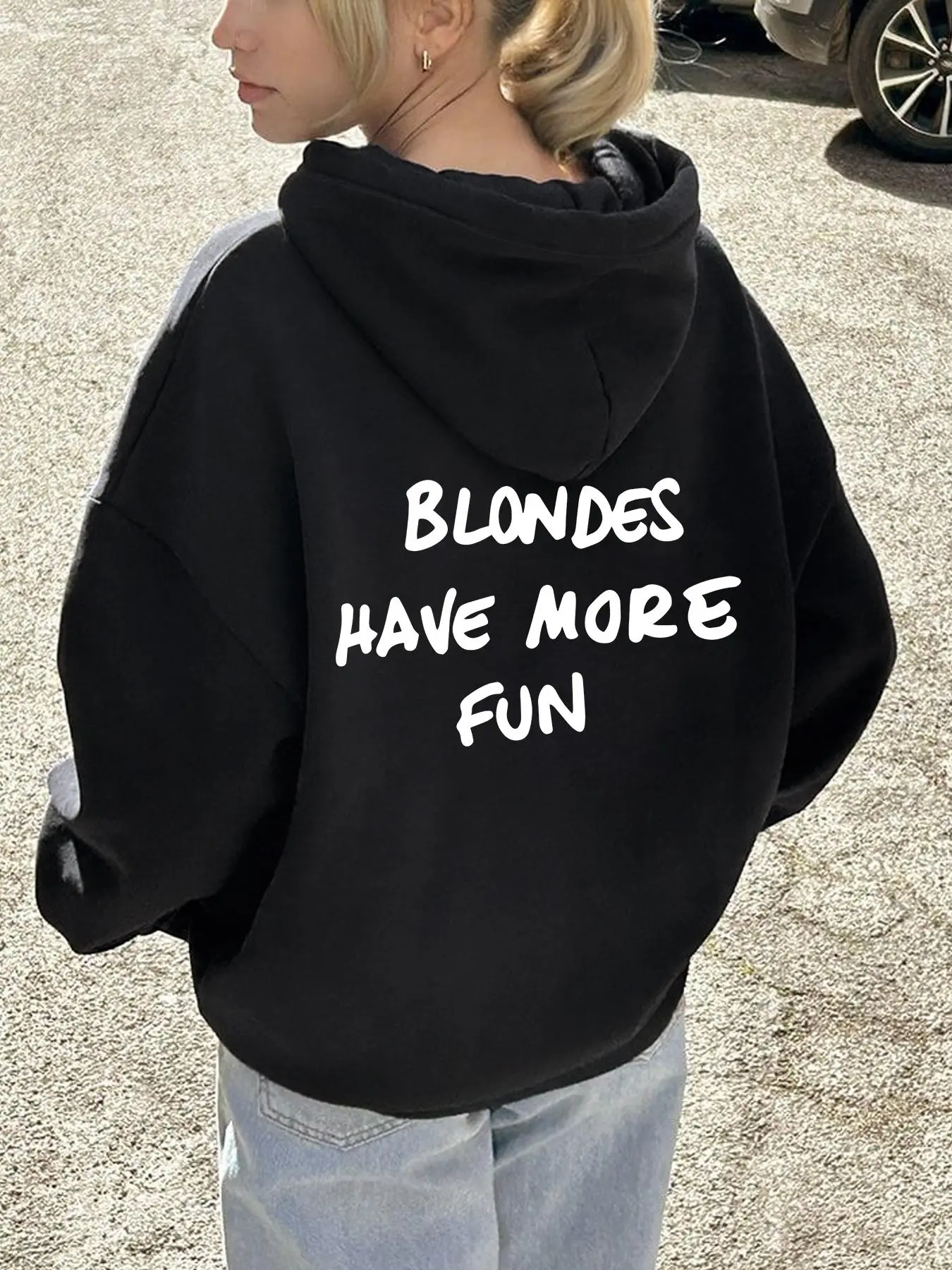 Women's Blondes Have More Fun Letter Print Hoodie, Casual Long Sleeve Pullover Hooded Sweatshirt for Daily Wear, Ladies Clothes for Fall & Winter, Tops, Funny Relatable Sweatshirt