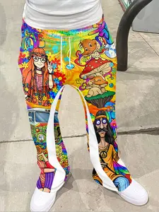 Men's Loose Fit 3D Hippie Psychedelic Print Bell Bottoms, Casual Sporty Streetwear Pants, Hip Hop Vintage Long Pants for All Seasons, Cartoon Print Pants